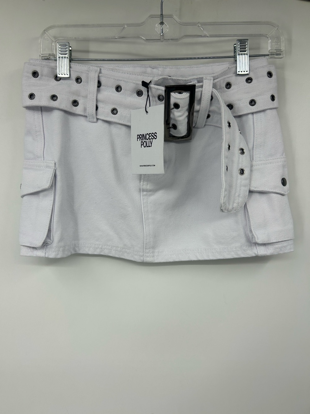 NWT Princess Polly Iconic Cargo White‎ Denim Mini Skirt with Grommet Belt size 2
